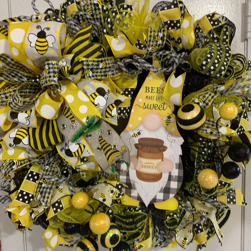 Hand Crafted Yellow and Black Holiday Wreath with Bee Accents